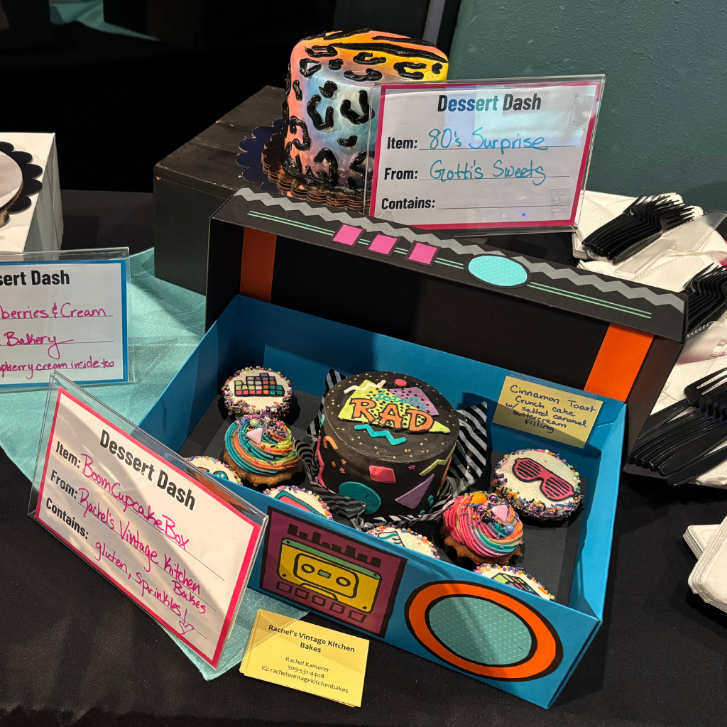Display of two, 80s themed desserts from the Dessert Dash at the 2024 Fall Gala & Auction.