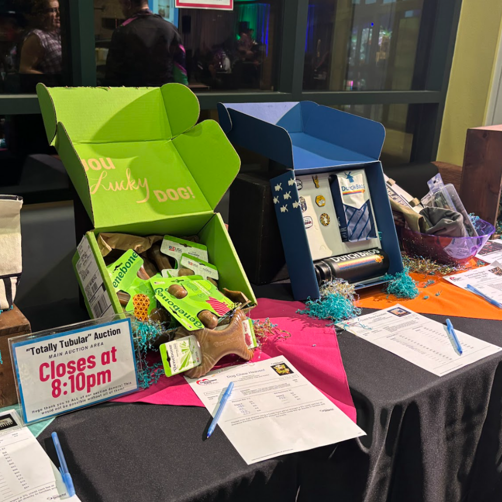 Display of auction donations from Benebone and Dutch Bros.