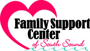 FSC_Logo_Final_3color_600dpi Family Support Center of South Sound logo with "Family Support Center," in 2 lines, surrounded by the outline of a red heart and blue waves underlining "of South Sound," the third line.