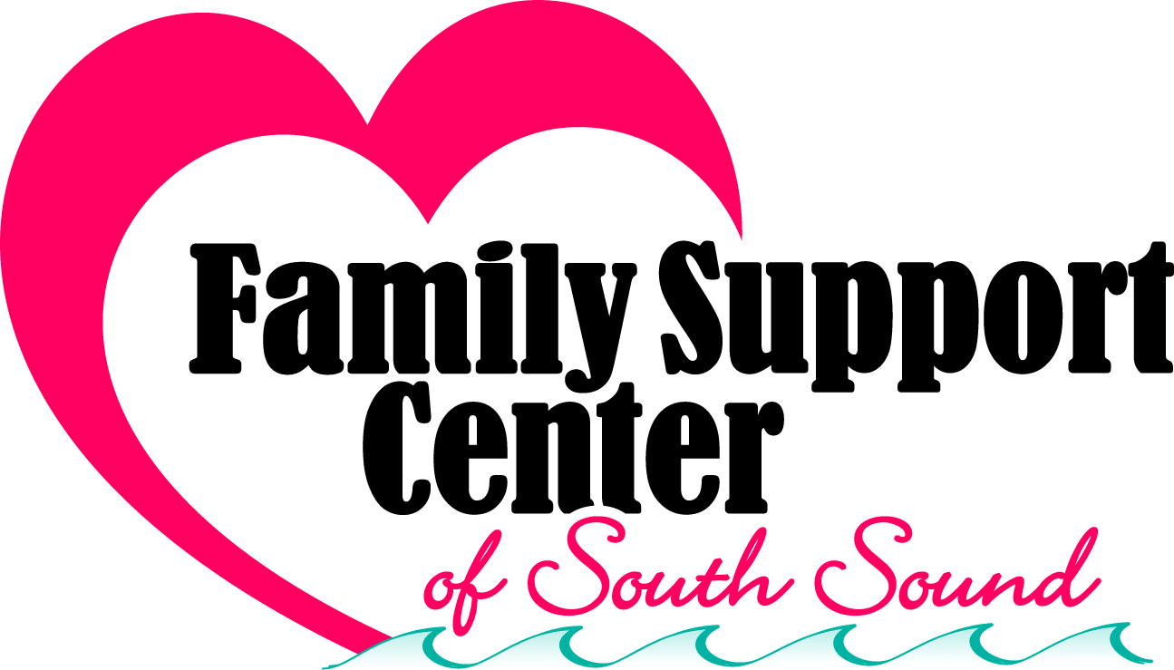 Family Support Center of South Sound logo with "Family Support Center," in 2 lines, surrounded by the outline of a red heart and blue waves underlining "of South Sound," the third line.